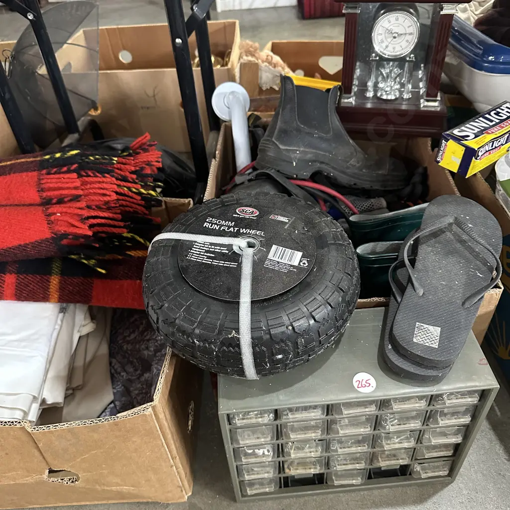 Hardware parts drawers, clock, work boots, jumper leads, new barrow wheel etc. Image 1++