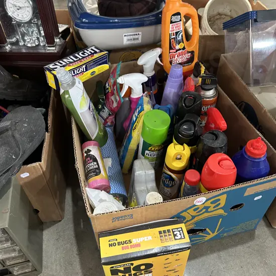 Box full of cleaning products.