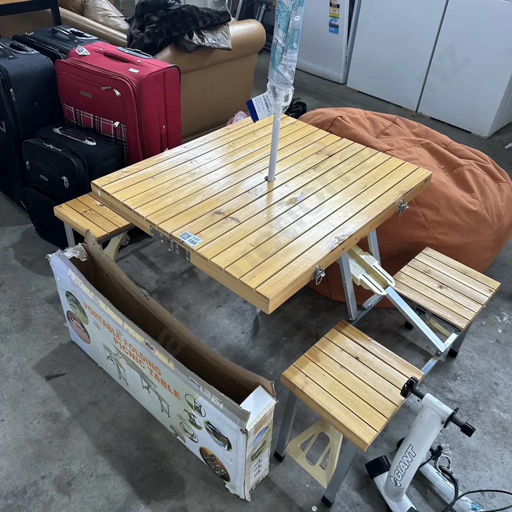 Wooden slated picnic tale and umbella Image 1++