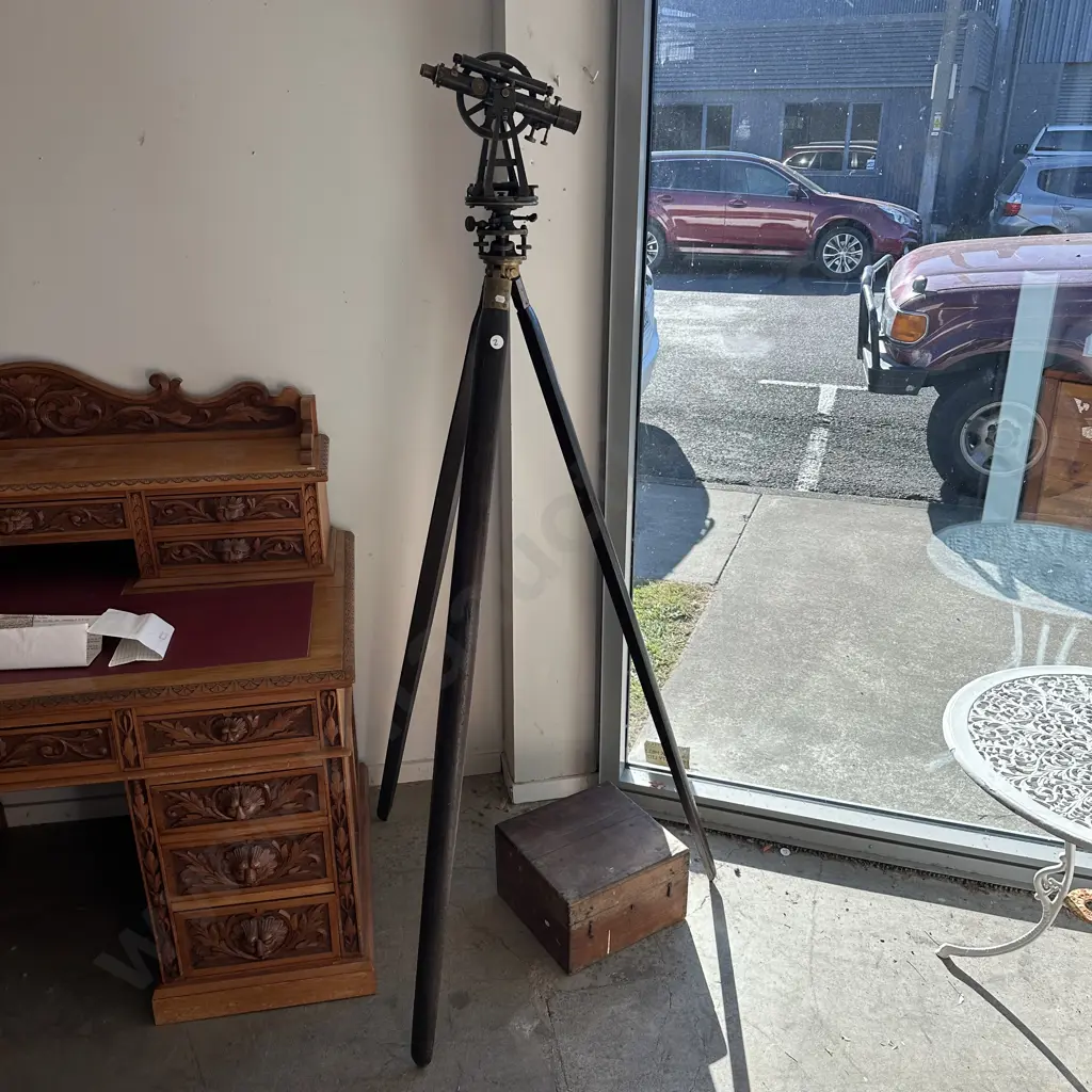 Early boxed Brass theodolite on surveyors wooden Brass tripod Image 1++