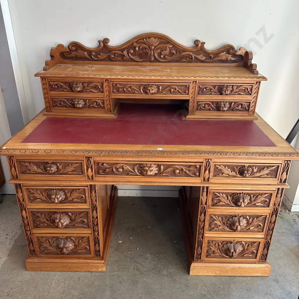 Early 1900s Kauri desk hand carved from the NZ school of Craft Movement. Provenance provided Image 1++