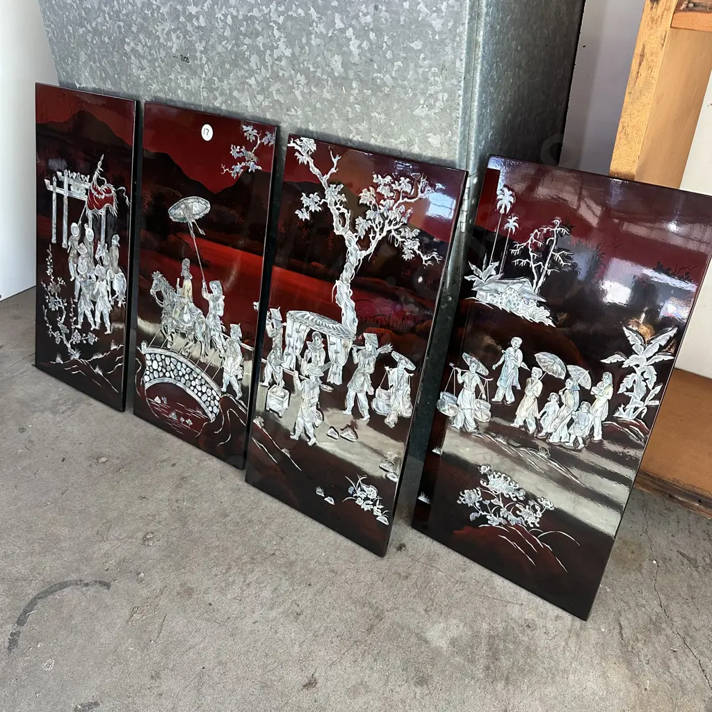 set of 4  vintage lacquer panels with mother of pearl inlay, oriental scene Image 1++