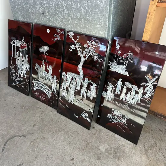 set of 4  vintage lacquer panels with mother of pearl inlay, oriental scene