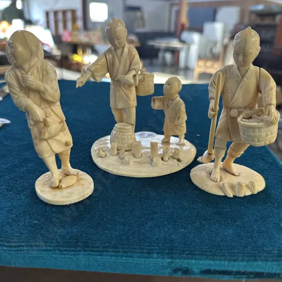 3 x signed Ivory figures of "Fishing Villagers" (some damage)