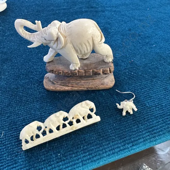 ivory elephant figure, brooch and earing