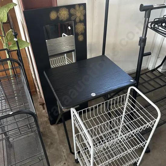 wire shelf, folding table and mirror