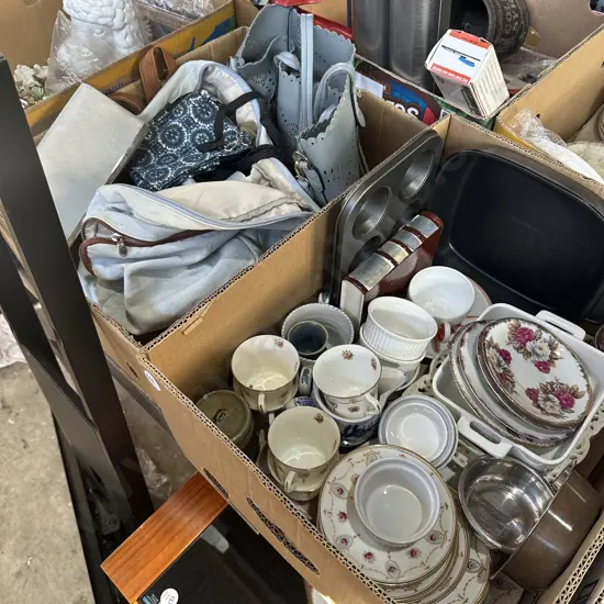 Two boxes bakeware, china, handbags and purses etc.