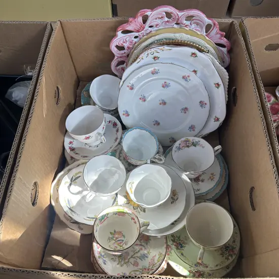 Box lot of english china tea sets and plates etc.
