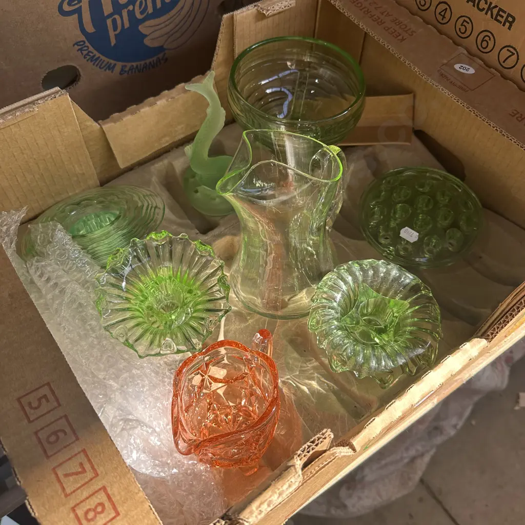 Box lot of green glass etc. Image 1++