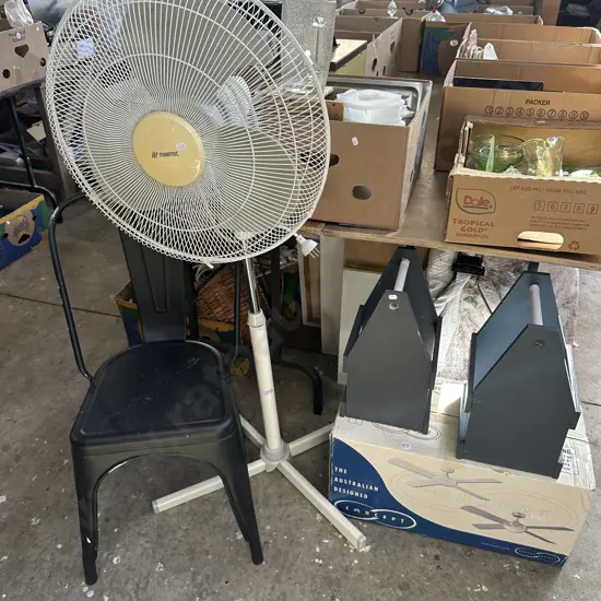 Metal chair, boxed ceiling fan and pedestal fan etc.