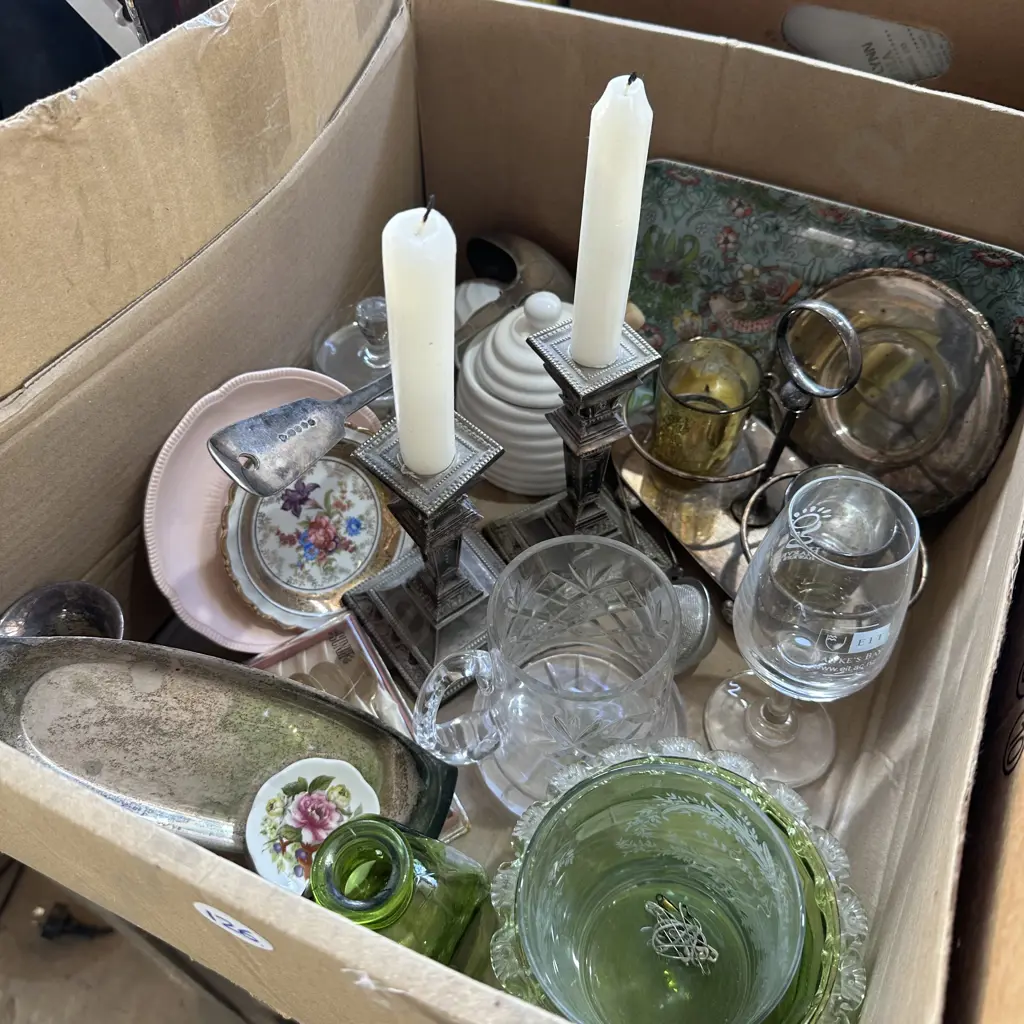 Pair candle sticks, silverware, honey pot etc. Image 1++