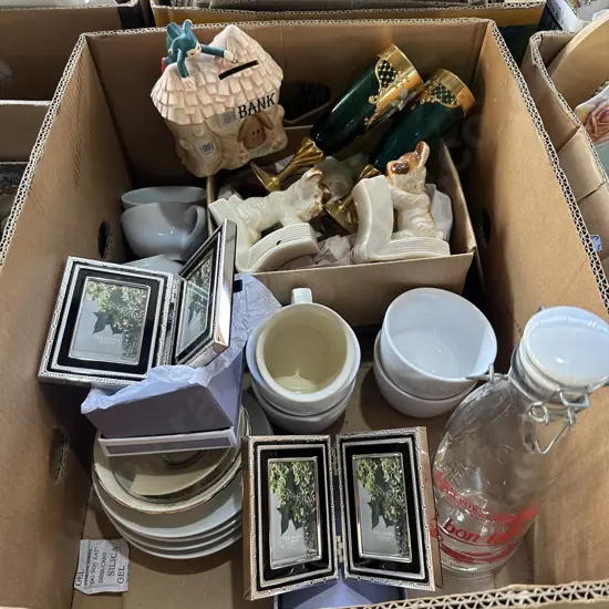 Two wedgewood folding frames, dog book ends, bunnykins plastic cup etc.