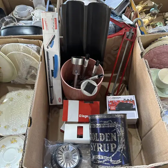 Solar lights and planters, chalking gun, long arm stapler etc.