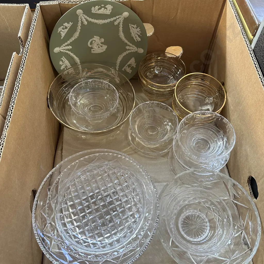 Box of crystal bowls plus wedgewood wall plate etc. Image 1++