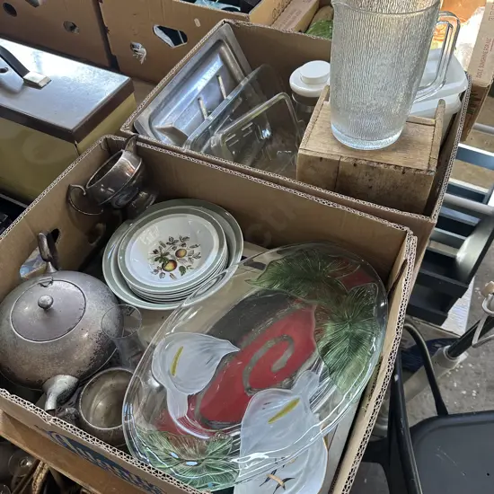 Two boxes Servers, silverware, placemats, vintage Tupperware etc.