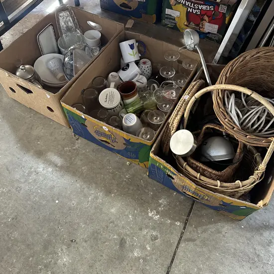 Three boxes of assorted items.