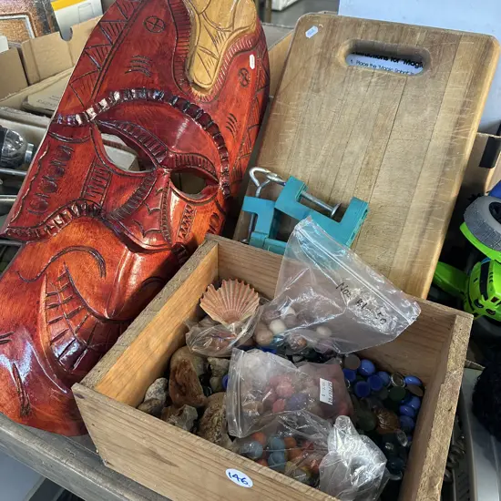 Box of rocks collection, mask etc.