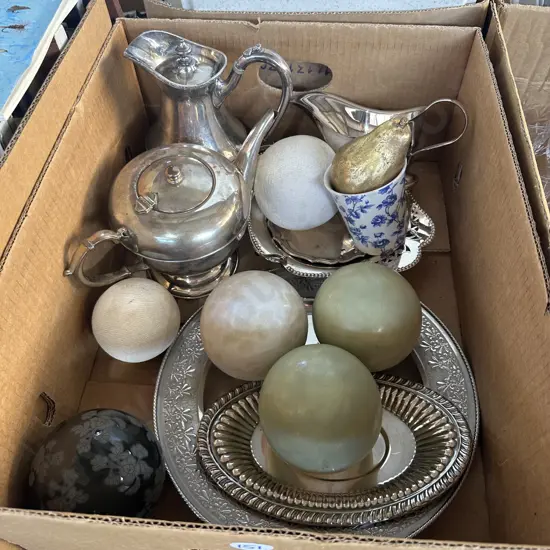Box of silverware plus ceramic balls etc.