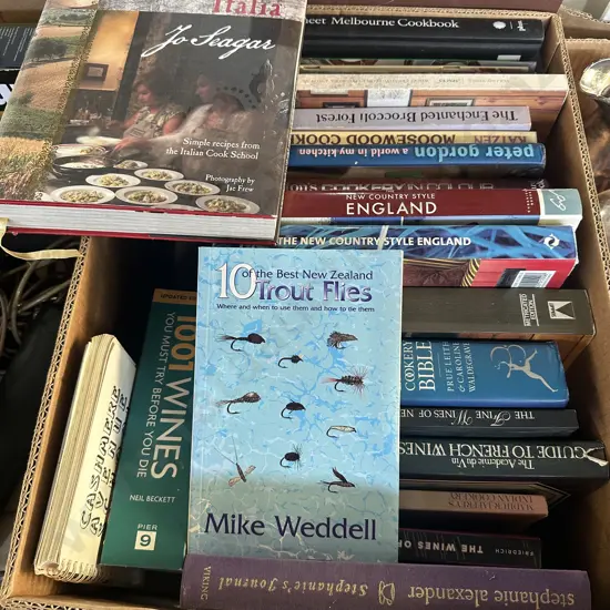 Box of cooking and wine books etc.