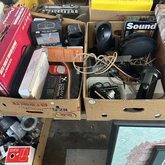 Two boxes speaker brackets, headphones, computer components etc.