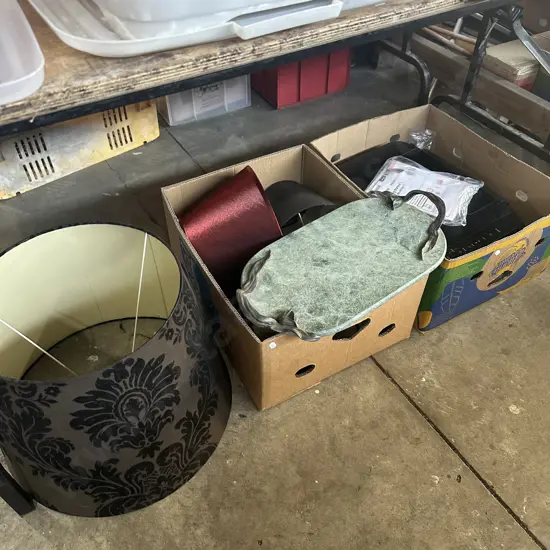 Bay lot light shades, printer and stone tray.