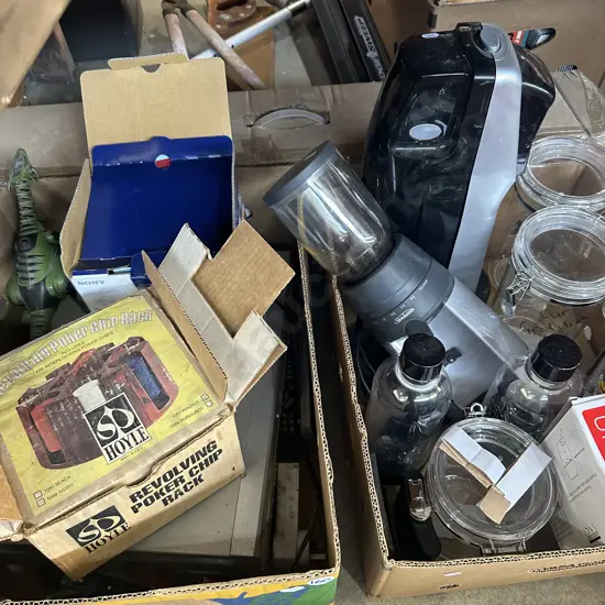 Two boxes soda stream, blender, VCR/DVD combo plus poker chips.