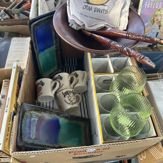 Salad bowl and servers, glasses, cups and pottery.