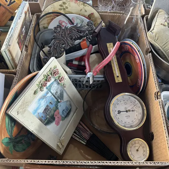 Box lot thermometer etc, plates and picture frame etc.