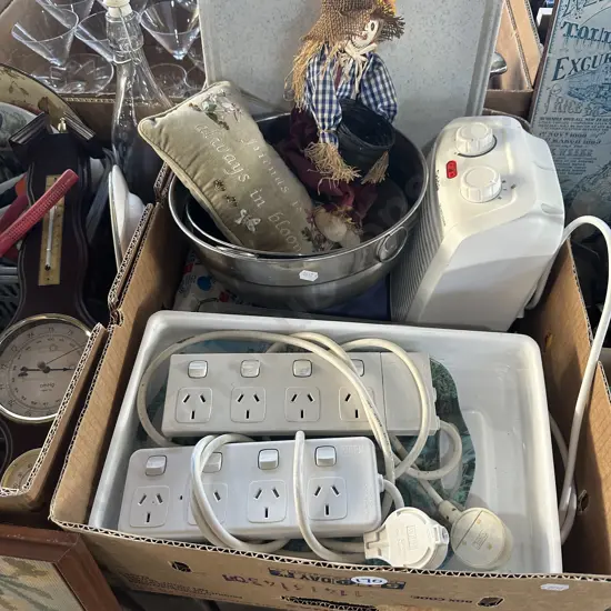 Box lot tray, stainless steel bowls, fan heater and power boards etc.