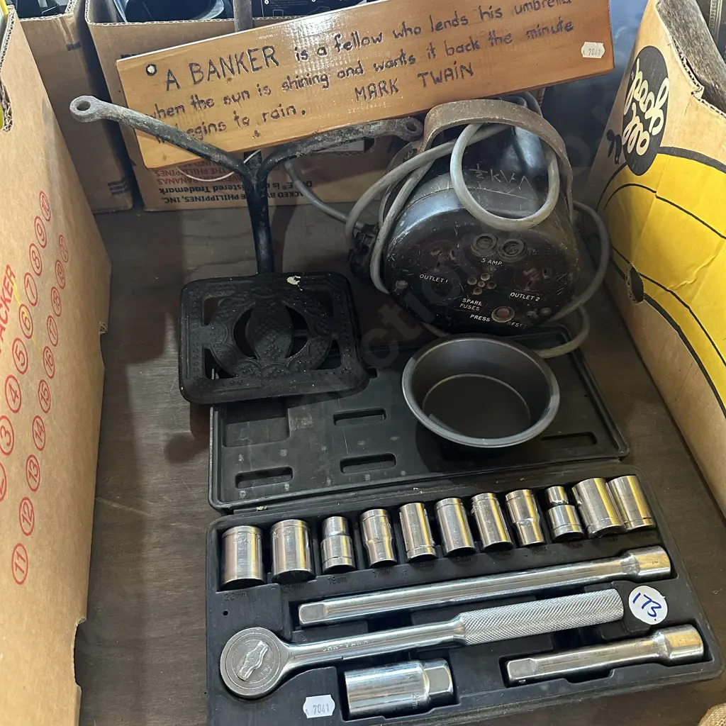 Socket set, antique cast iron horse drawn wagon step, banker sign and transformer etc. Image 1++