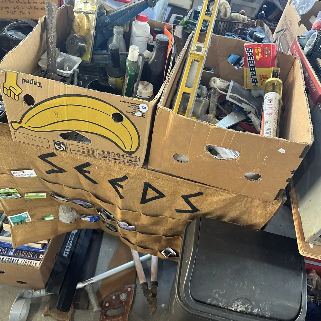 Two boxes tools and hardward, seeds pouch, bin etc. Image 1++