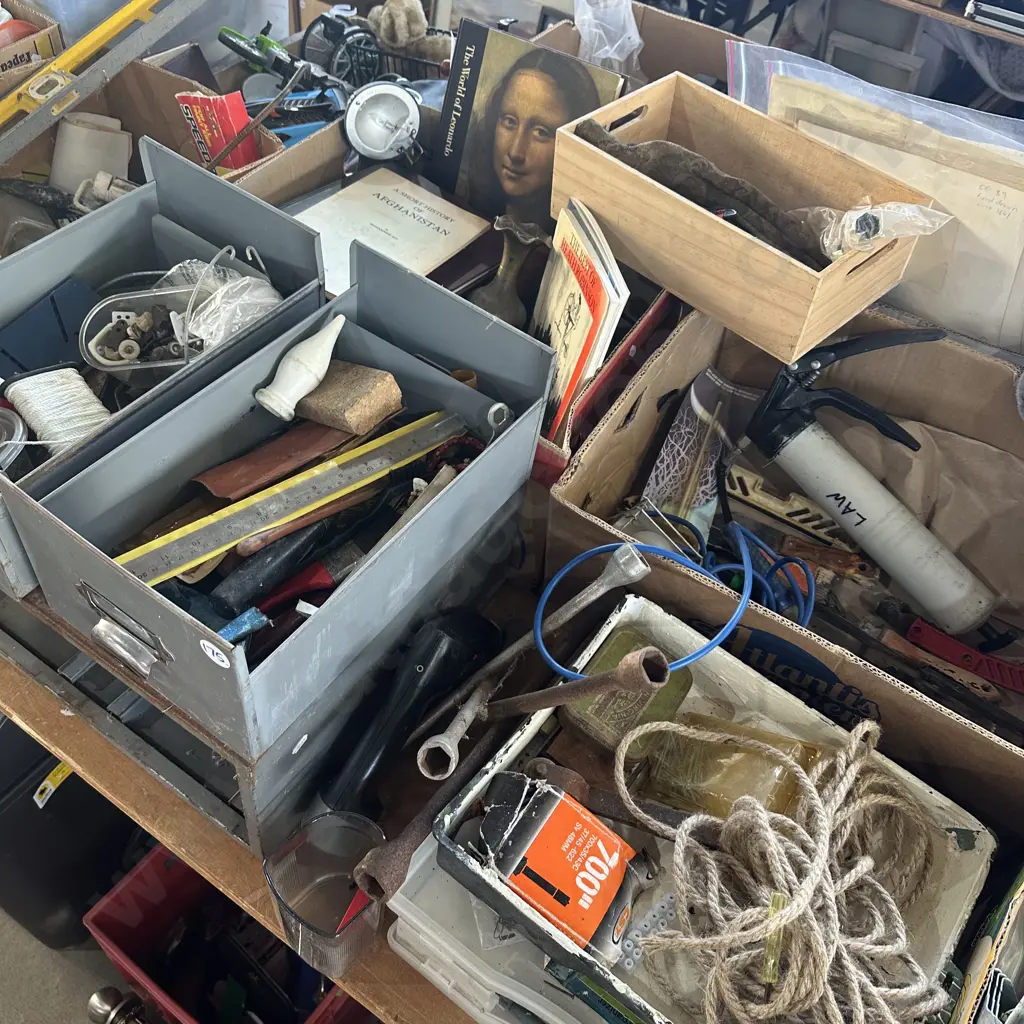 Large lot books, tools, hardware, brass vase, parts containers etc. Image 1++