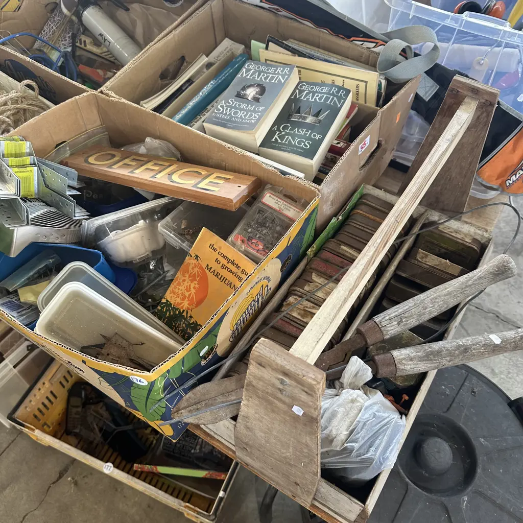 Large lot tools and hardware including joist hangers, books, tobacco tins and bin etc. Image 1++