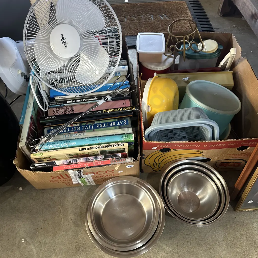 Two boxes books, fan, s/s mixing bowls etc. Image 1++
