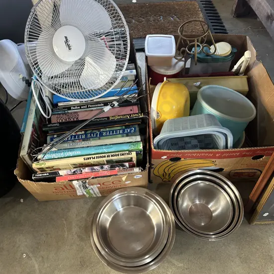 Two boxes books, fan, s/s mixing bowls etc.