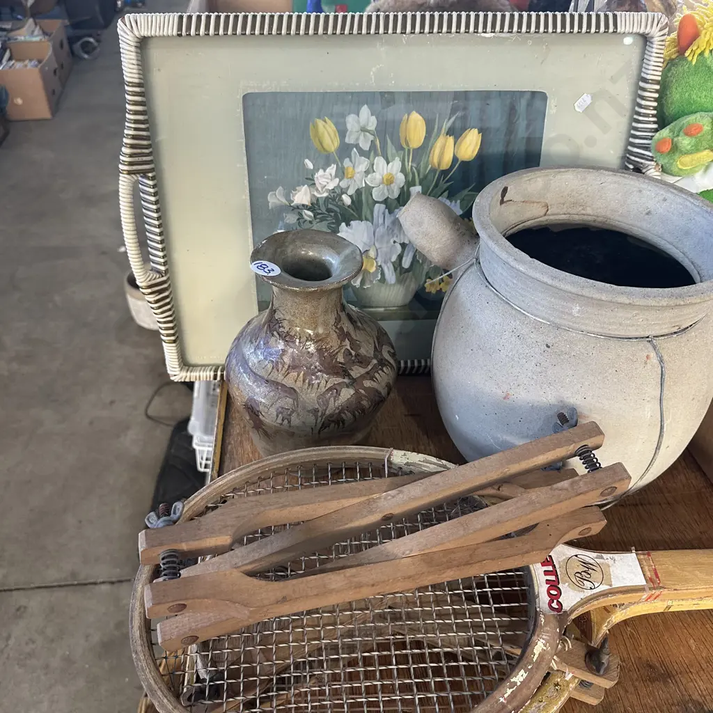 Vintage tray, pottery vase and vintage tennis rackets. Image 1++