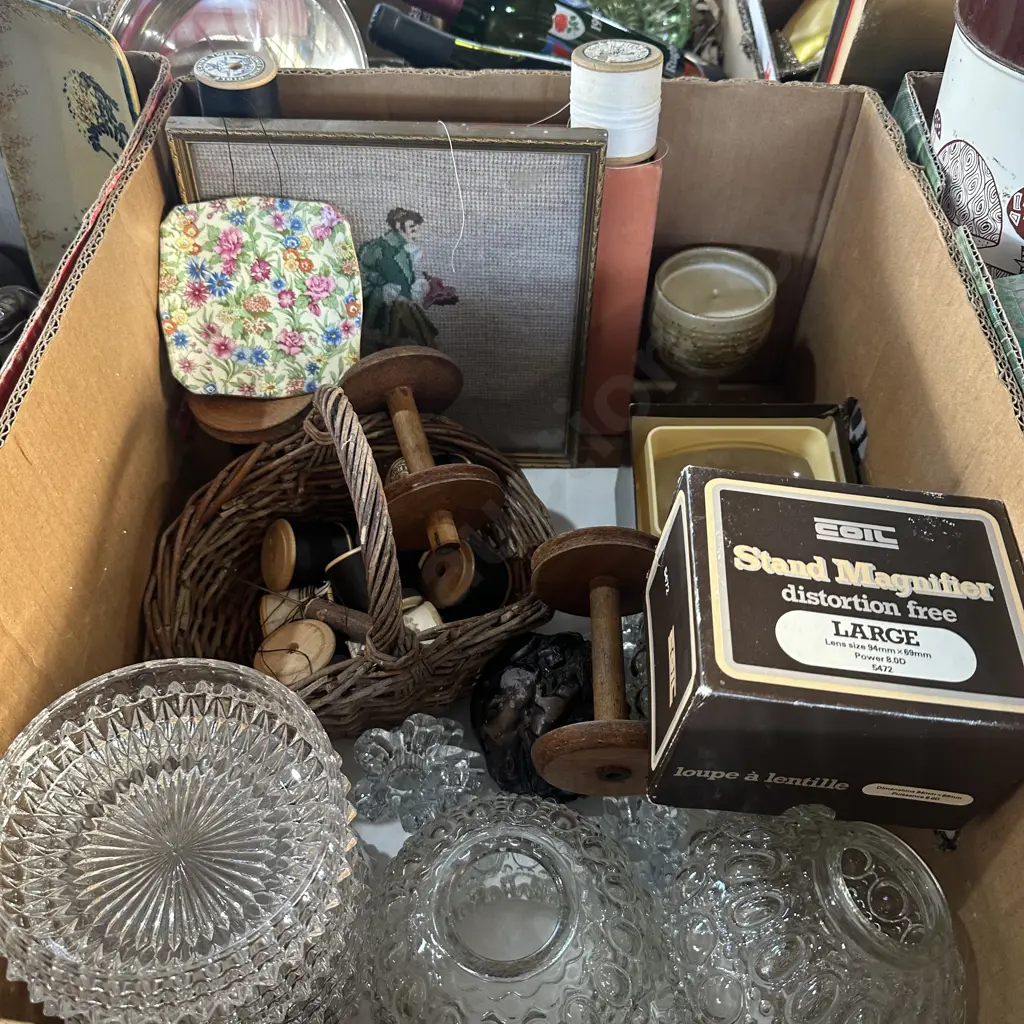 Box of vintage items including wooden cotton reels etc. Image 1++