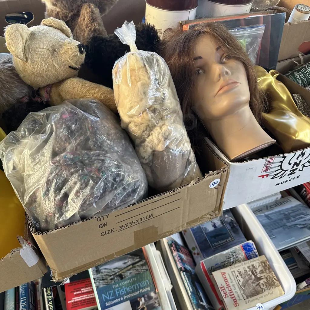 Two boxes of vintage items including soft toys, wool pieces, display heads etc. Image 1++