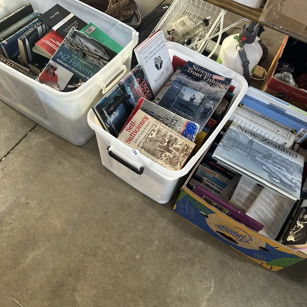 Two bins and box of books. Image 1++