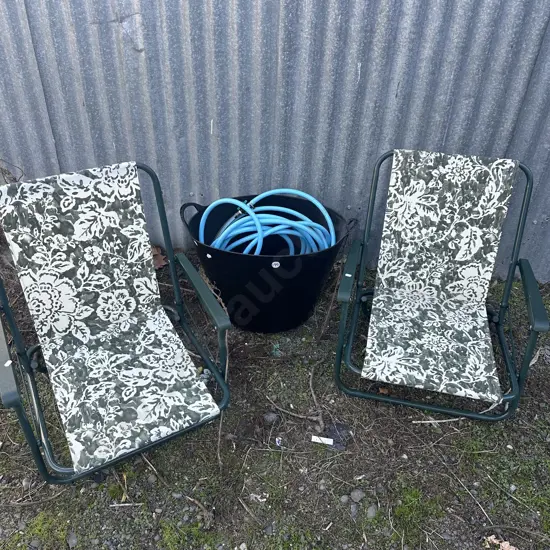 bin, hose, deck chairs