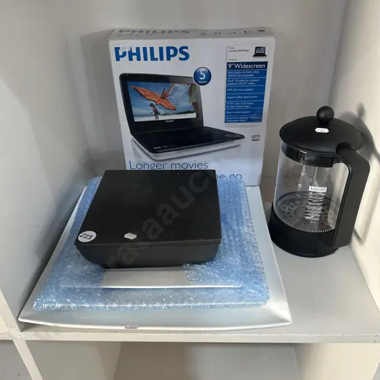 coffee perk, portable DVD player, platters etc