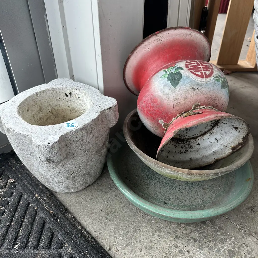 Stone, tin and pottery planters Image 1++