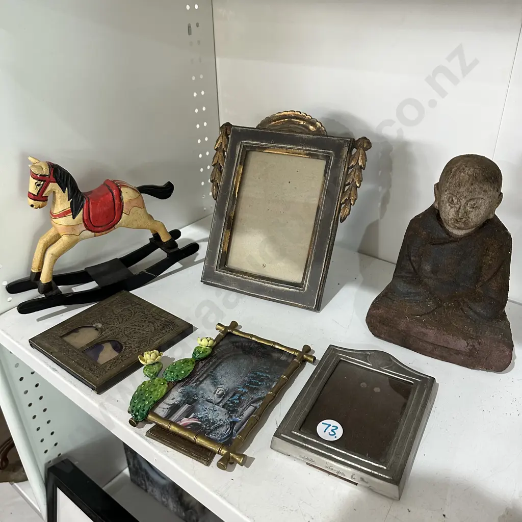 wooden Budda and rockling horse, picture frames Image 1++