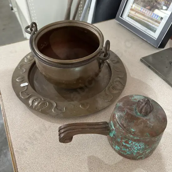 Copper Art Nouveau tray, handled pot and hanging pot
