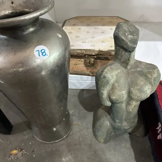 wooden box, stone sculpture, metal vase