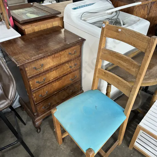 Oak ladder back chair and 3 legged chest