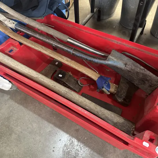 Two fish bins plus Axe, axe heads, fork, spade, handle etc.