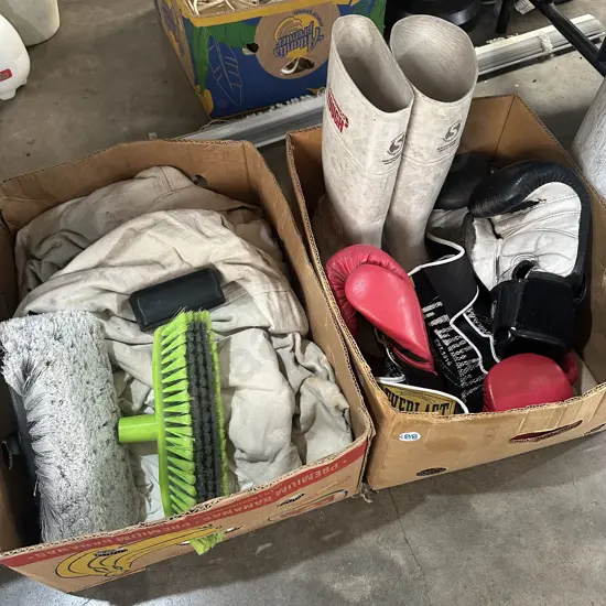 Two boxes gumboots, drop sheets, two pair boxing gloves etc.
