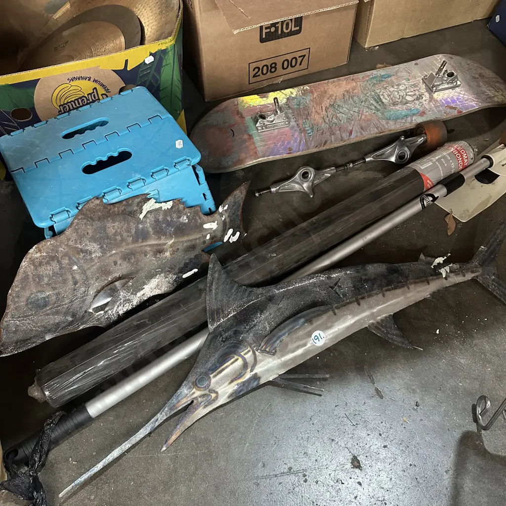 Folding step, metal fish art, new weed mat, skateboard parts etc. Image 1++