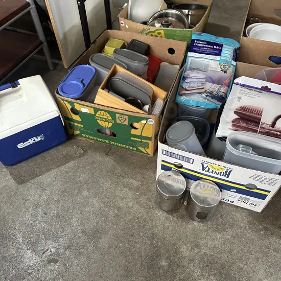 Two boxes storage containers, canisters and vacuum storage bags.